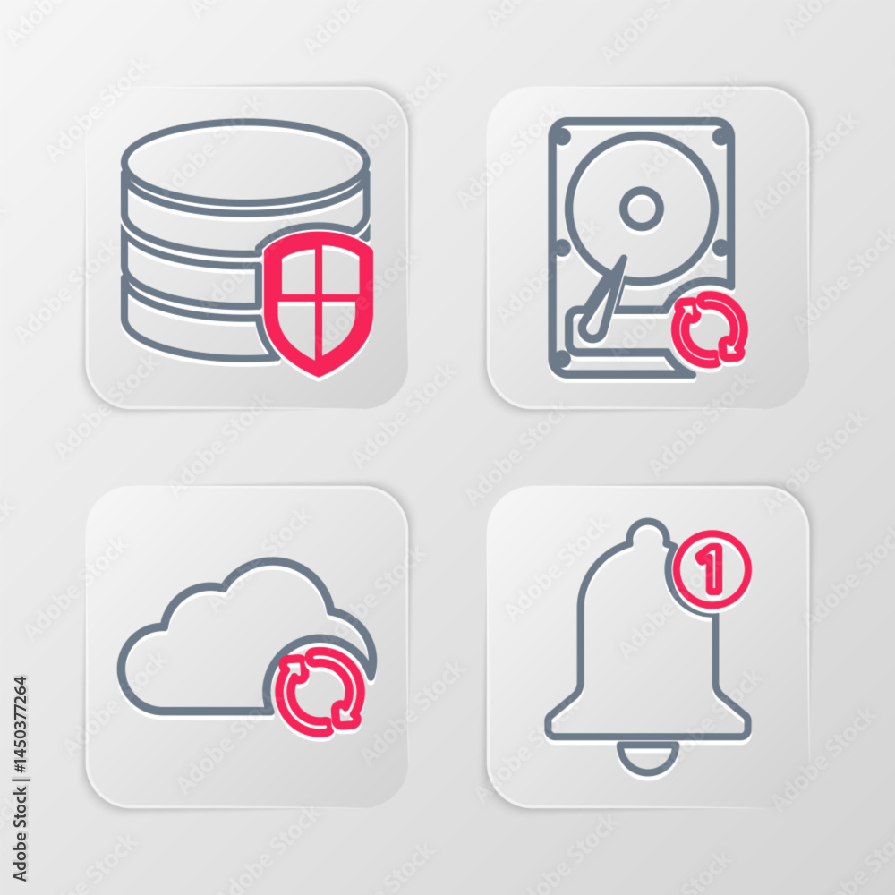 Poster set line bell, cloud sync refresh, hard disk drive hdd and database protection icon. vector