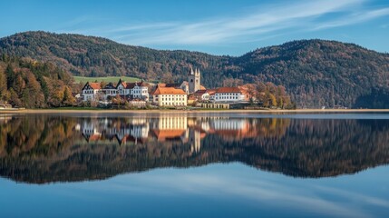 Fototapeta premium Picturesque Lakeside Town Reflection in Autumn