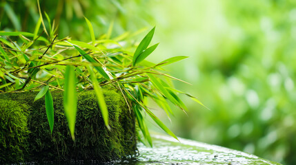 Lush green bamboo forest with sunlight filtering through leaves