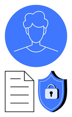 Head silhouette in blue circle, document, and shield with lock emphasize security, identity protection, and data privacy. Ideal for cybersecurity, personal data, privacy, encryption accounts trust
