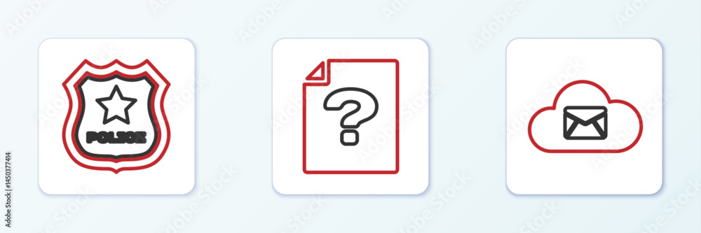 Poster set line cloud mail server, police badge and unknown document icon. vector