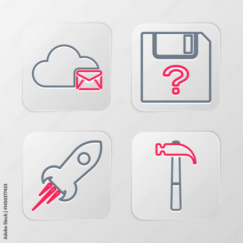 Poster set line hammer, rocket ship with fire, unknown document and cloud mail server icon. vector