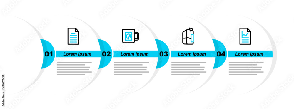 Poster set line document with graph chart, printer ink bottle, coffee cup and file document icon. vector