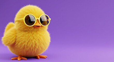 3d cute cartoon illustration, spring baby chick wearing sunglasses on the right side, with clear copy space on the left. ,isolated on bright background, no text
