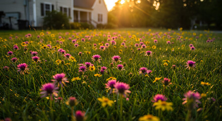 Obraz premium Blooming Wildflowers In a Lush Meadow During Golden Hour Near Houses