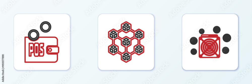 Poster set line asic miner, proof of stake and blockchain technology icon. vector