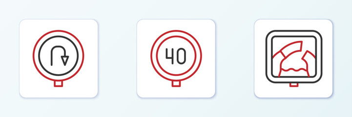 Set line Drawbridge ahead, Turn back road sign and Speed limit traffic icon. Vector