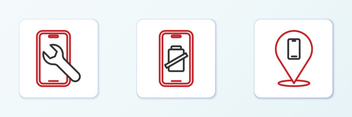 Set line Phone repair service, Mobile and Smartphone battery charge icon. Vector