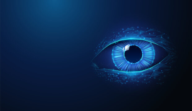 Lowpoly Human Eye with Copy Space. Abstract geometric illustration on ophthalmology, eyes vision healthcare and computer diagnostic technology concept by wireframe mesh on blue background