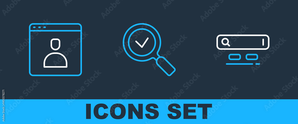 Poster set line search engine, create account screen and magnifying glass with check mark icon. vector