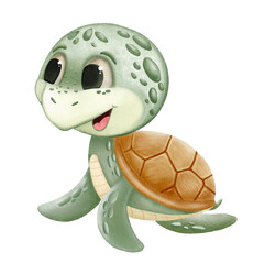 Cute watercolor illustration of a baby turtle wearing a striped t-shirt. Hand painted in soft pastel colors. Perfect for baby designs, nursery decor or baby products