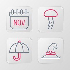 Set line Witch hat, Umbrella, Mushroom and November calendar autumn icon. Vector