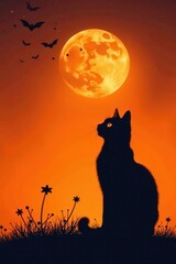 Black cat silhouette on orange background with moon & stars , photography, black cat, magic