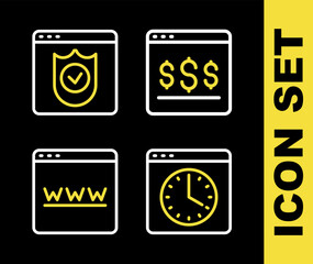 Set line Online shopping on screen, Browser window, and with shield icon. Vector