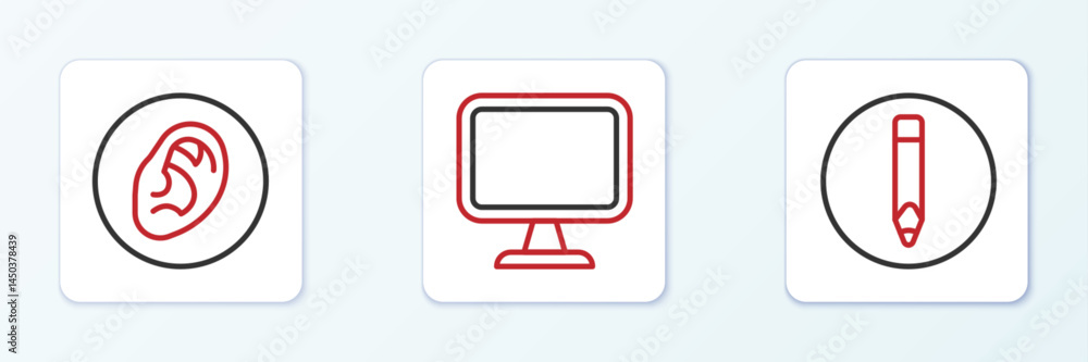 Poster set line pencil, ear listen sound signal and computer monitor icon. vector