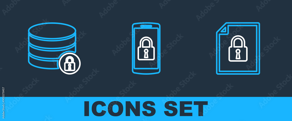 Poster set line document and lock, server security with and smartphone icon. vector