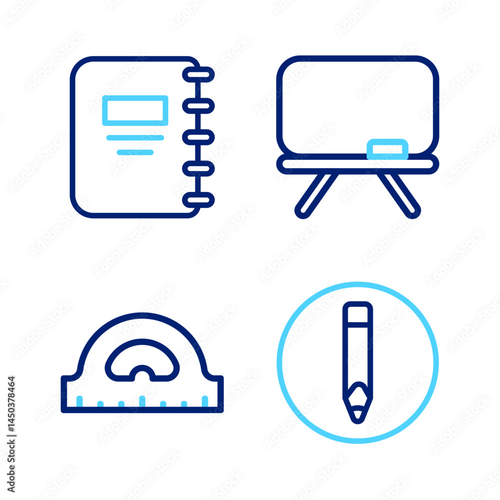 Poster set line pencil, protractor grid, chalkboard and notebook icon. vector