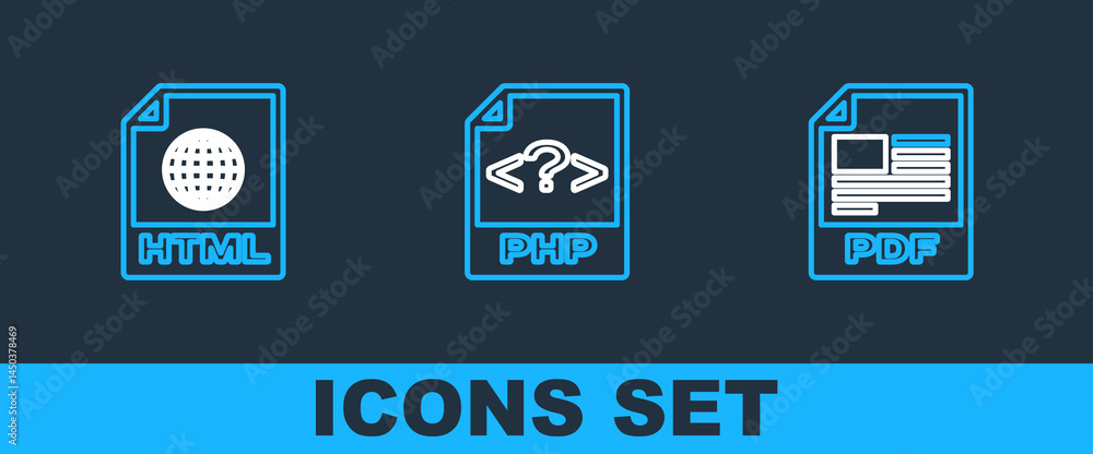 Poster Set line PDF file document, HTML and PHP icon. Vector