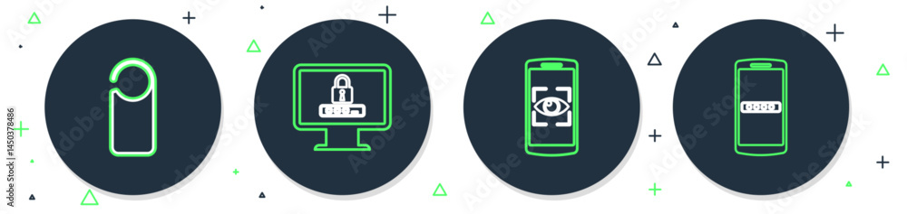 Poster set line monitor with password, mobile and eye scan, please do not disturb and icon. vector