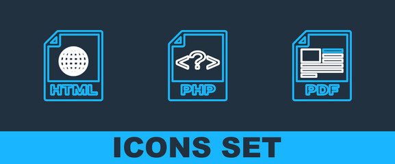 Set line PDF file document, HTML and PHP icon. Vector