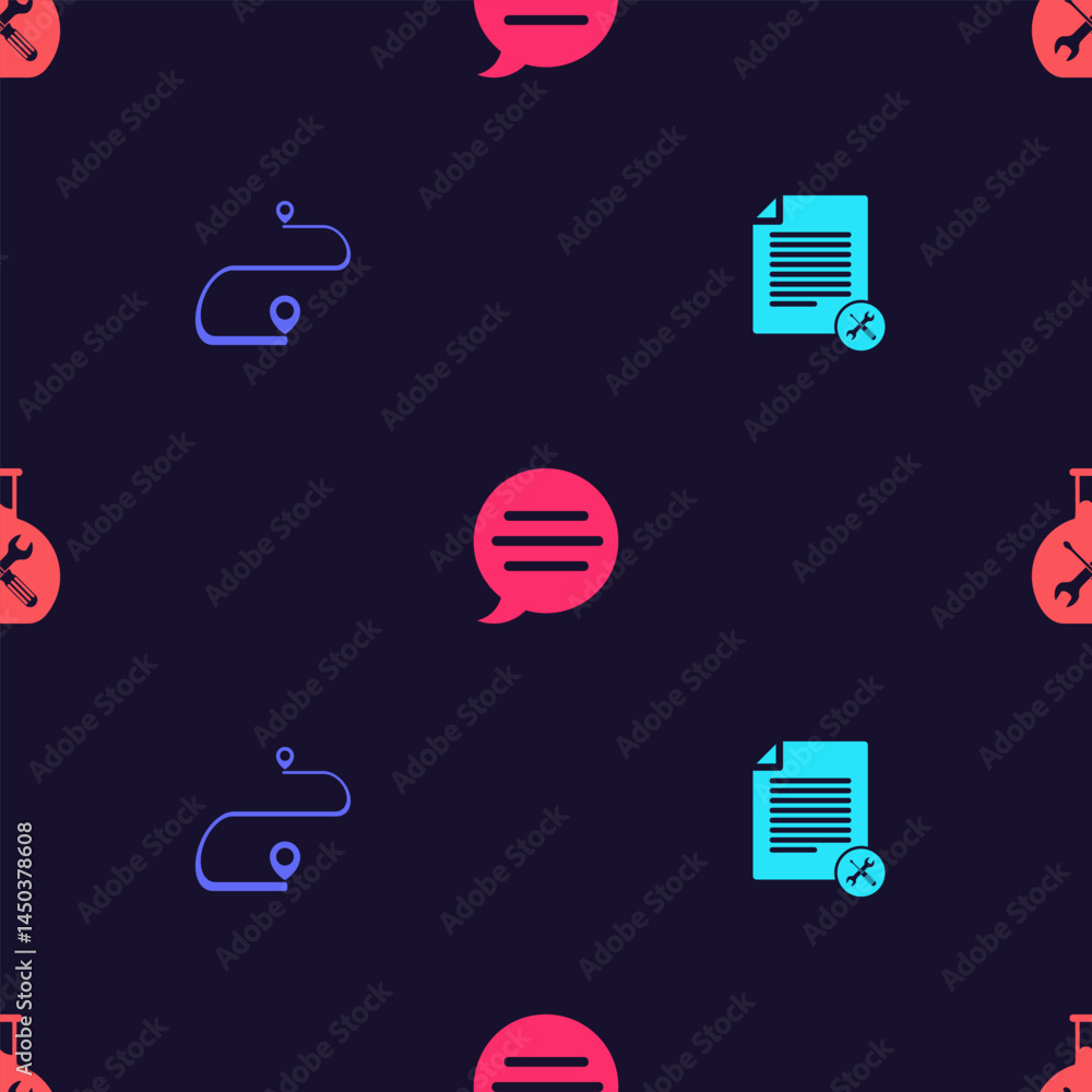 Poster set file document service, route location, speech bubble chat and bioengineering on seamless pattern