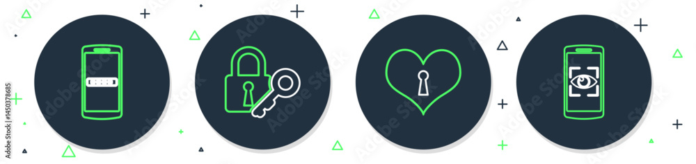 Poster set line lock and key, heart with keyhole, mobile password and eye scan icon. vector