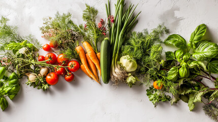 Fresh vegetables including tomatoes and carrots on green leafy background