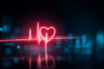 Neon pink heart with electrocardiogram line on a dark blue background symbolizing heartbeat