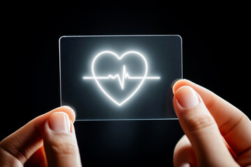 Hands holding a transparent screen with a glowing white heart and stethoscope icon in a futuristic medical setting