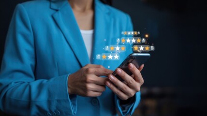 A person using a phone displaying positive feedback icons.