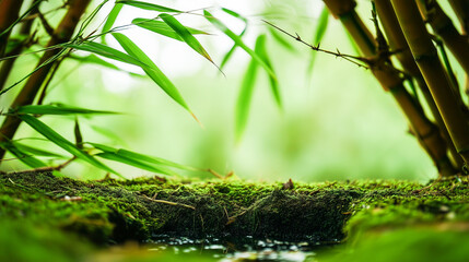 Lush green bamboo forest with mossy ground and soft sunlight