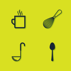 Set Coffee cup, Spoon, Kitchen ladle and whisk icon. Vector