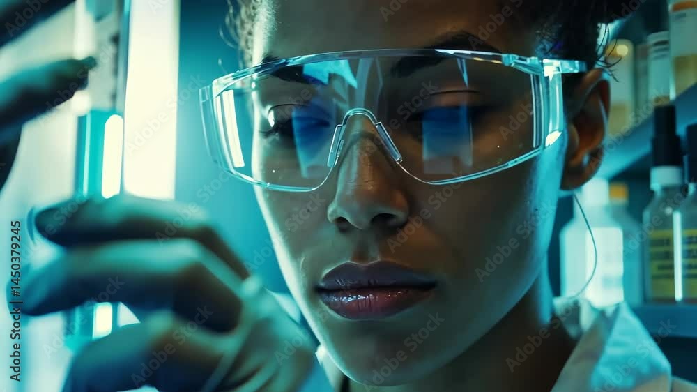 Poster a focused scientist with safety glasses meticulously examines a vial in a brightly lit laboratory se