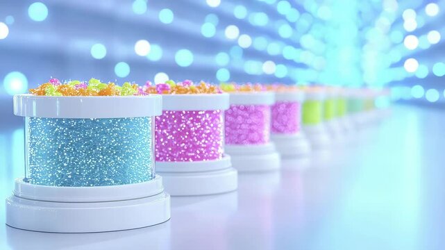 Colorful glitter containers lined on a table