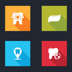 Set Teeth with braces, Toothpaste, Dental clinic location and protection icon. Vector