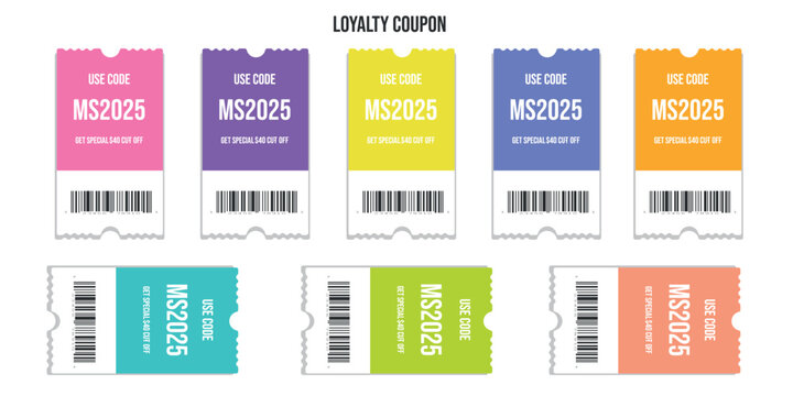 Sale coupon with code set. Coupon colorful pack. Tag template for print, web design. Label for online shopping, promotion. Vector illustration