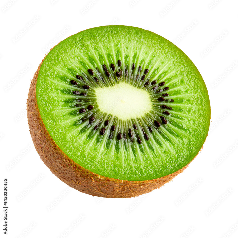 Aufkleber juicy kiwi slice floating on transparent background with clipping path