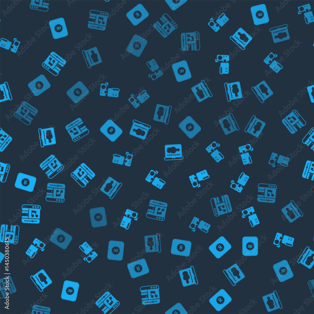 Aufkleber set record button, cinema camera, sound audio recorder and music player on seamless pattern. vector