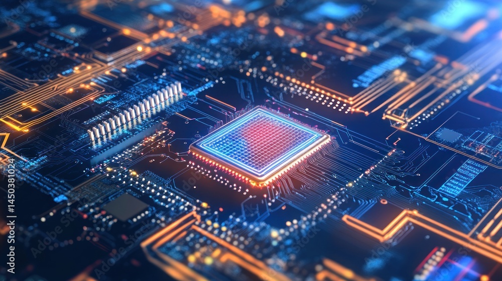 Poster glowing circuit board with central processor high tech technology background