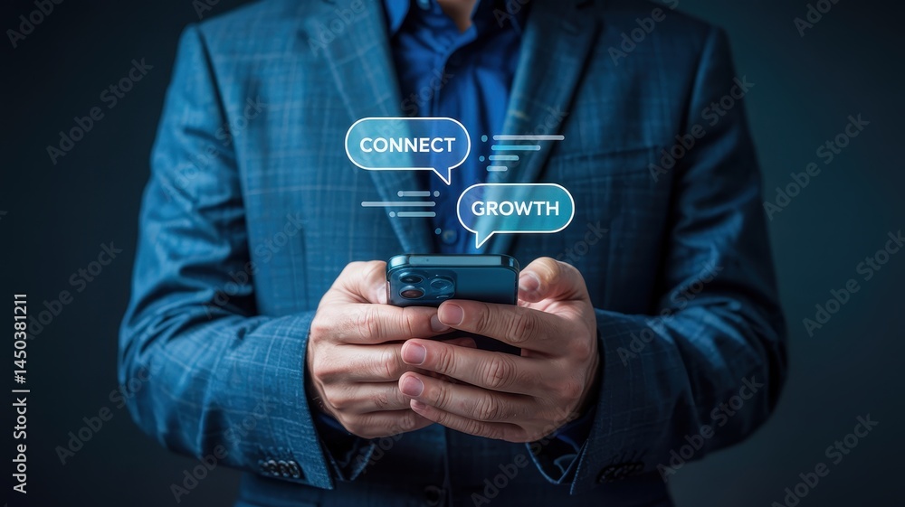Poster businessperson using a mobile phone displaying connection and growth concepts.
