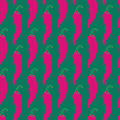 Vegetables seamless hand drawn vector pattern with hot chilli pepper vibrant color combination