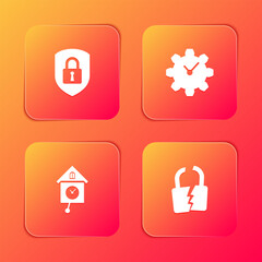 Set Shield security with lock, Time Management, Retro wall watch and Broken or cracked icon. Vector