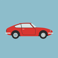 Minimalist flat design illustration of an orange car featuring trees, nature, and outdoor elements under a bright sun with birds flying in the background.

