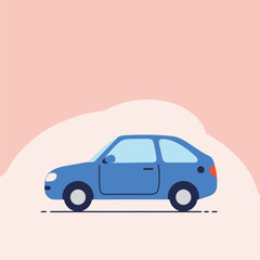 Minimalist flat design illustration of an orange car featuring trees, nature, and outdoor elements under a bright sun with birds flying in the background.


