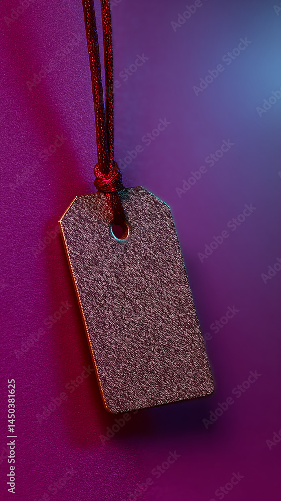 Poster brown tag with textured surface hangs on a purple background, showcasing blank space ideal for text 