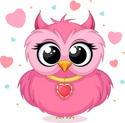 Cute pink owl with hearts cartoon character