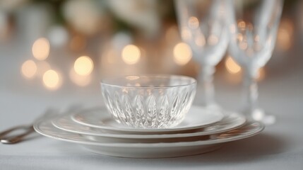 Fototapeta premium elegant table setting for gala dinner sophisticated silverware and fine china wine glasses catching soft lighting