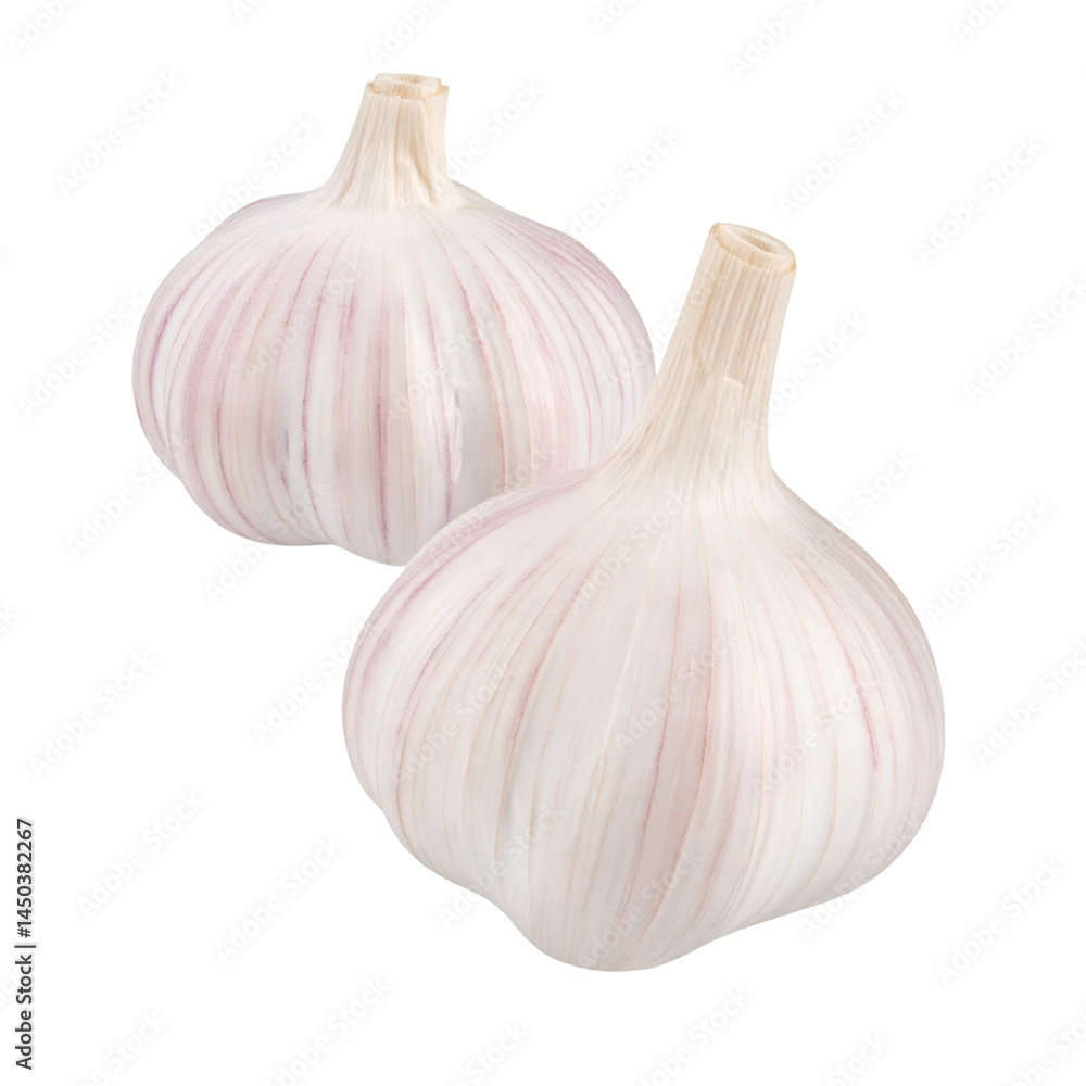 Poster two garlic bulbs floating on transparent background with clipping path