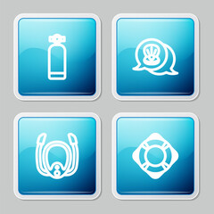 Set line Aqualung, Scallop sea shell, Diving mask with snorkel and Lifebuoy icon. Vector