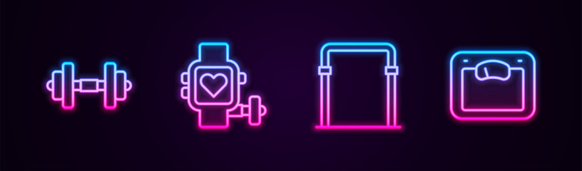 Set line Dumbbell, Smart watch with heart, Sport horizontal bar and Bathroom scales. Glowing neon icon. Vector